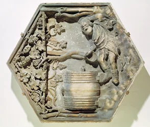The Drunkenness of Noah, hexagonal decorative relief tile from a series illustrating episodes from Genesis, possibly based on designs by Giotto